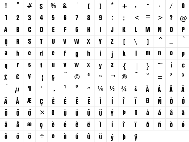 Folio Bold Condensed  glyph index