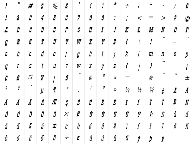 Stagecoach Italic  glyph index