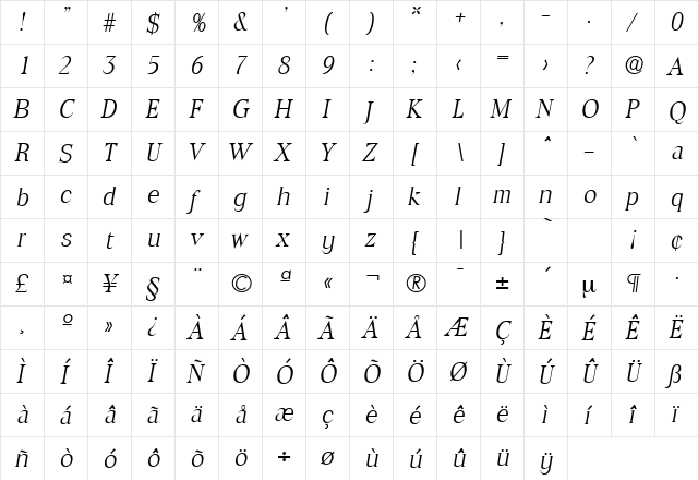 Toledo-Serial-Light RegularItalic  glyph index
