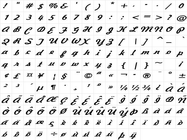 Jott 43 Extended BoldItalic  glyph index