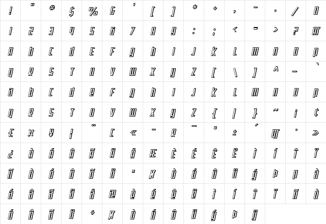 SF Square Root Shaded Oblique  glyph index