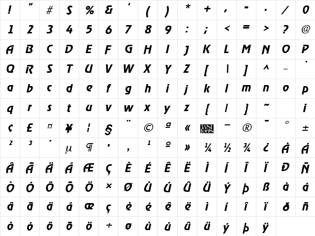 RevelMedium Italic  glyph index