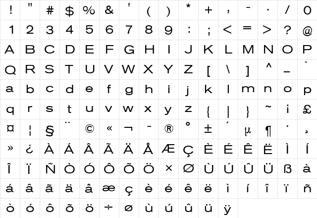 Akzidenz-Grotesk Extended BQ Regular  glyph index