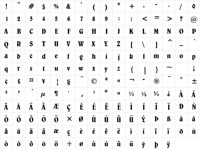 Belwe Bold  glyph index