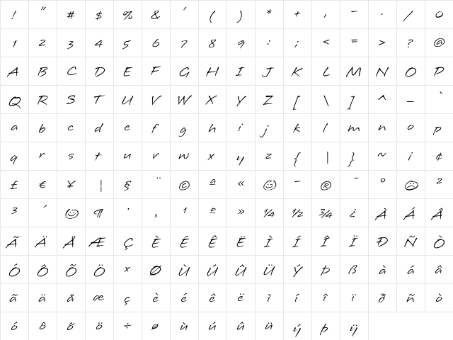 Longhand Regular  glyph index