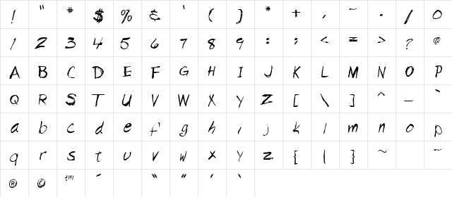 Handwrite-Marker Regular  glyph index