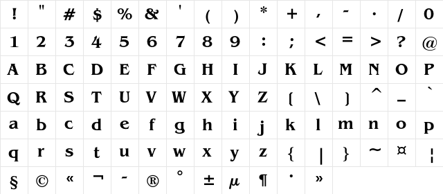 BeneficeAP Bold  glyph index