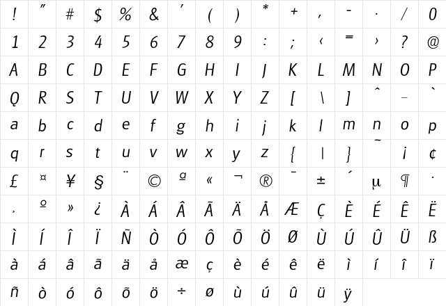 Glasgow-LightIta Regular  glyph index