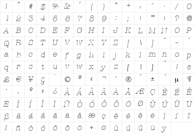 ThorBecker-ExtraLight Italic  glyph index