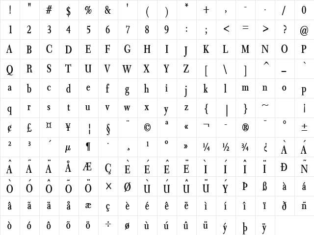 Transit Condensed Bold  glyph index
