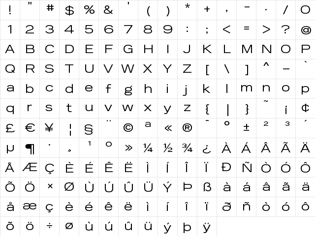 Reservation Wide Regular  glyph index