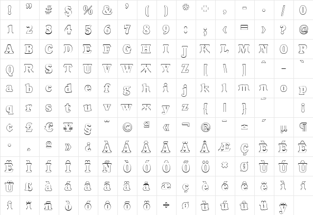 CalgaryOutline-Heavy Regular  glyph index