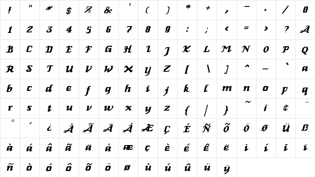 Relbe-Italic Regular  glyph index