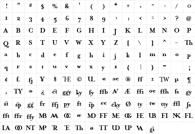 MrsEavesSmartLigBold Regular  glyph index