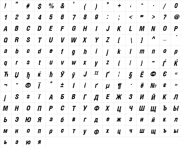 HeliosCond Regular  glyph index