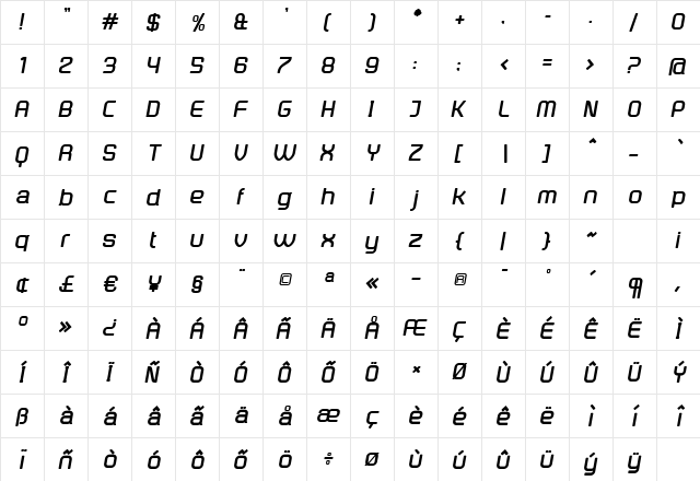 DistillaBold Italic Regular  glyph index