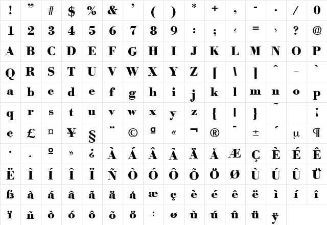 Bodoni-Serial-ExtraBold Regular  glyph index