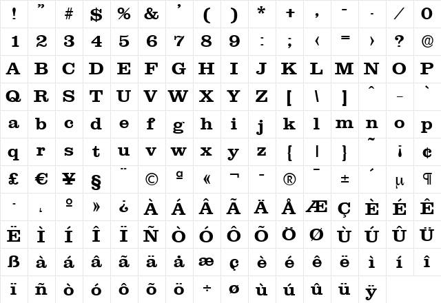 JamesBecker Bold  glyph index