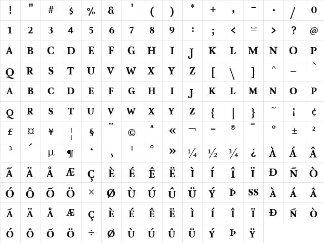 AtmaSerifLF-BoldRomanQC Regular  glyph index