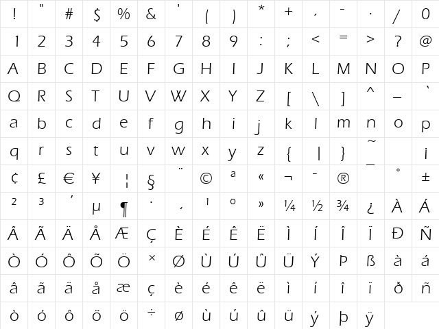 Ennis Book  glyph index