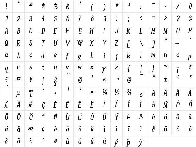 Semi-Sweet Italic  glyph index