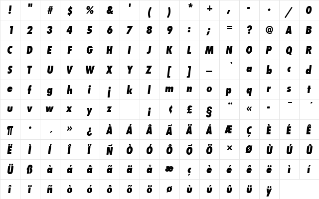 FuturaTExtBolConOblRo1 Regular  glyph index