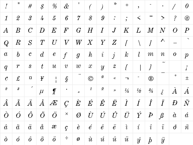 Century Becker Expanded Italic  glyph index