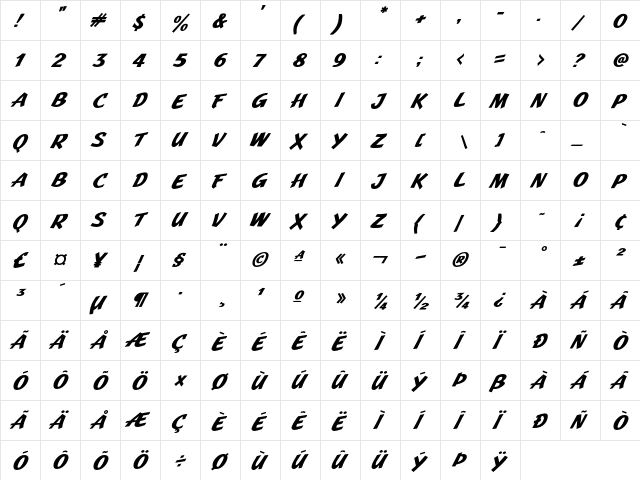 JMH Pulp Paperback Bold Italic  glyph index