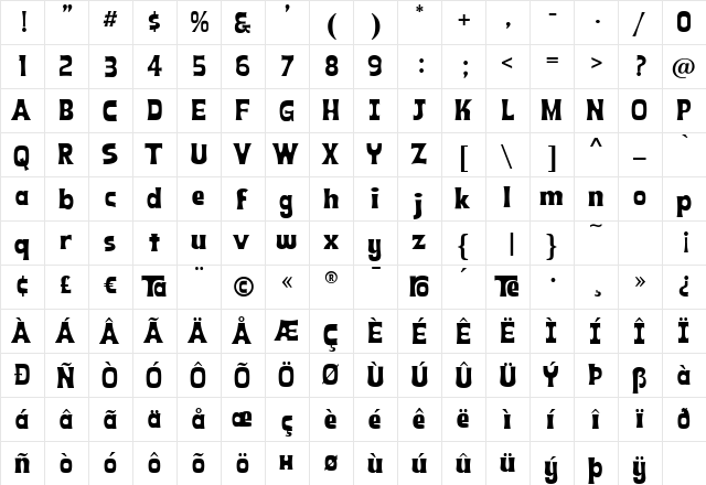 KonTikiTraderJF Regular  glyph index