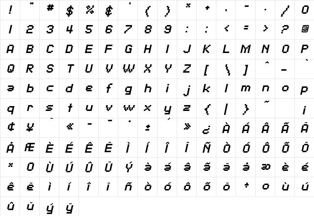 SF Pixelate Bold Oblique  glyph index