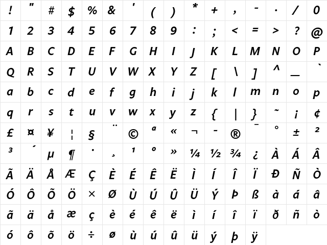 Legato LF Semi Bold Italic  glyph index