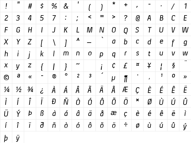 Xenu Italic  glyph index