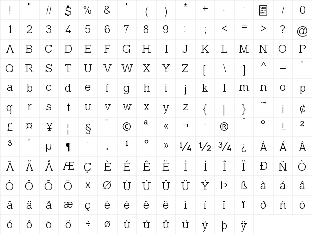 Typo Slab Light  glyph index
