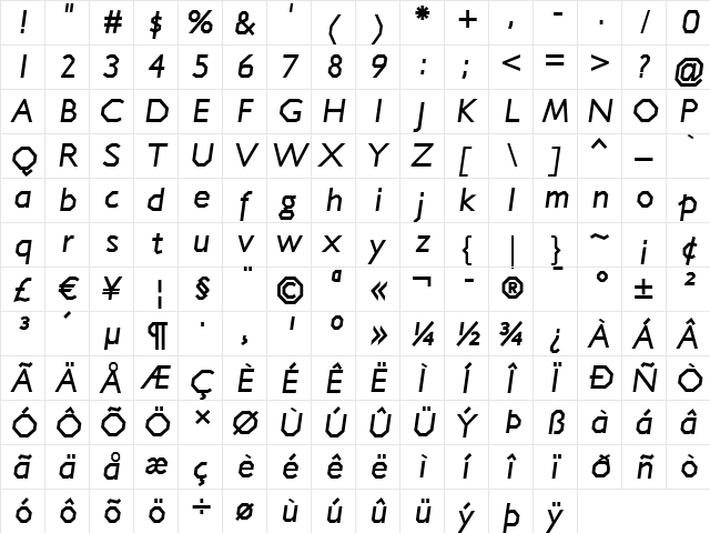 Jillican Bold Italic  glyph index