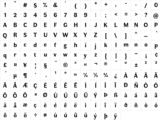 Faune Text Bold  glyph index