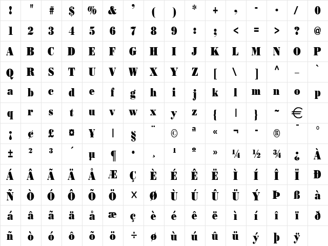 BeauCondensed Normal  glyph index