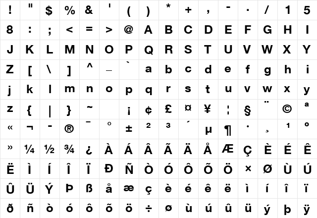 Helvetica Neue LT Com 75 Bold  glyph index