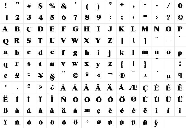 Riccione-Serial-Heavy Regular  glyph index