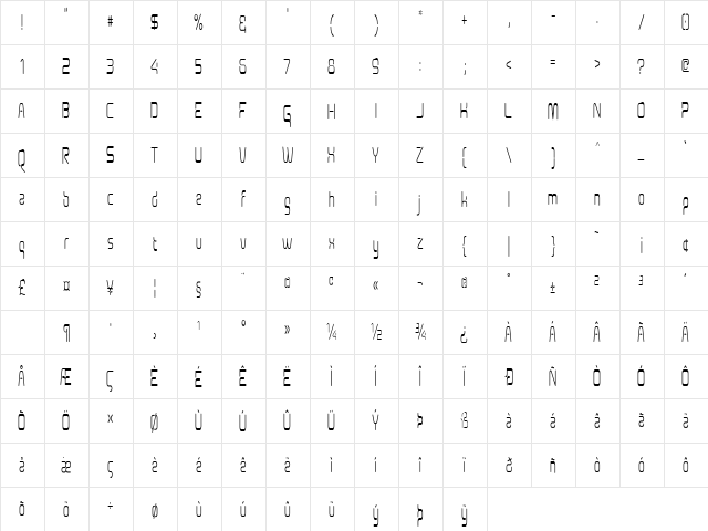 Aunchanted Condense Regular  glyph index