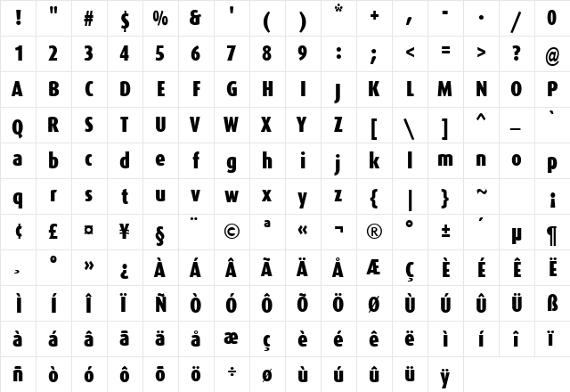 DaxCondensed-Black Regular  glyph index