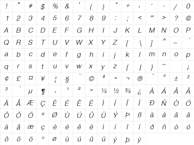 Sans Light ITALIC  glyph index