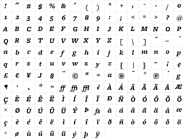 Freight Micro Bold Italic  glyph index