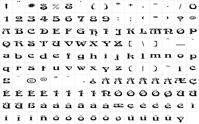 Medusa Ex Regular  glyph index