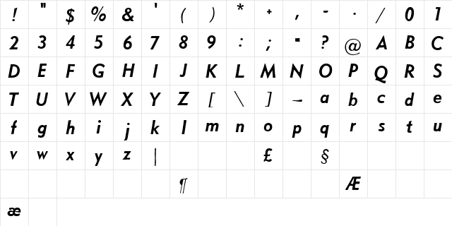 Metro Medium Oblique HPLHS  glyph index