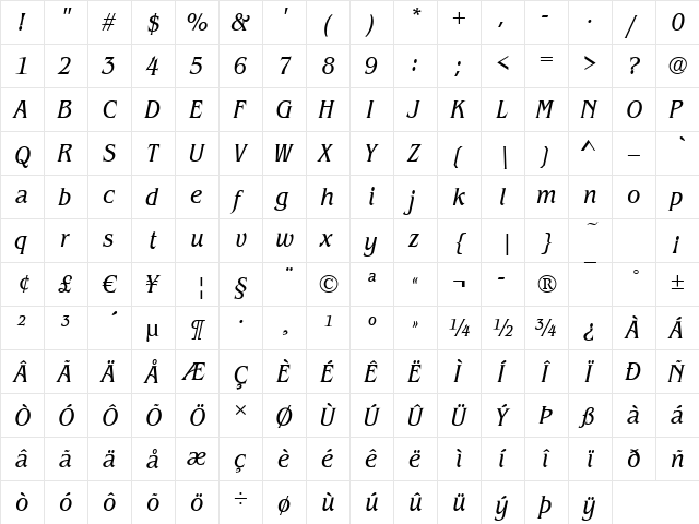 Benjamin-Cd Italic  glyph index