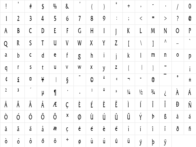 FrancoThin Normal  glyph index
