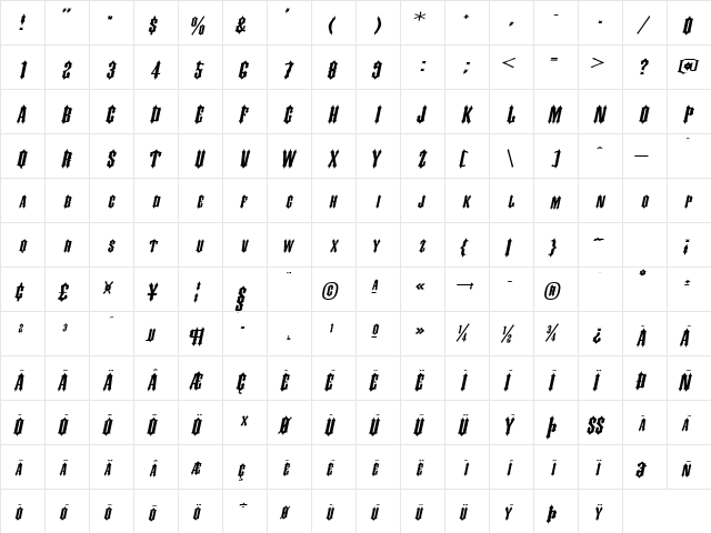 SlayerExtended Italic  glyph index