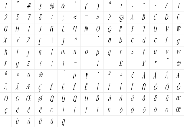 GabrielCondensed Italic  glyph index