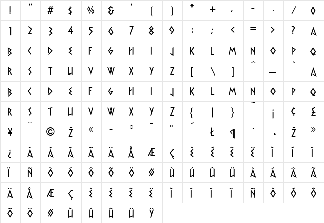 Xerxes Regular  glyph index