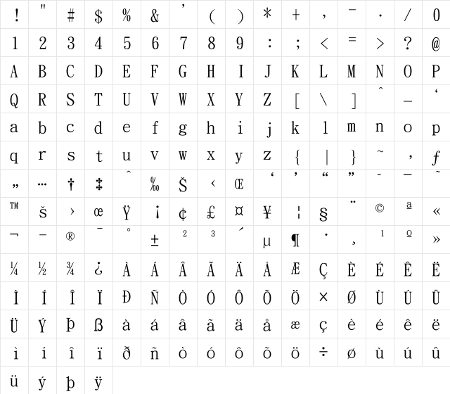 DFKai-SB Regular  glyph index